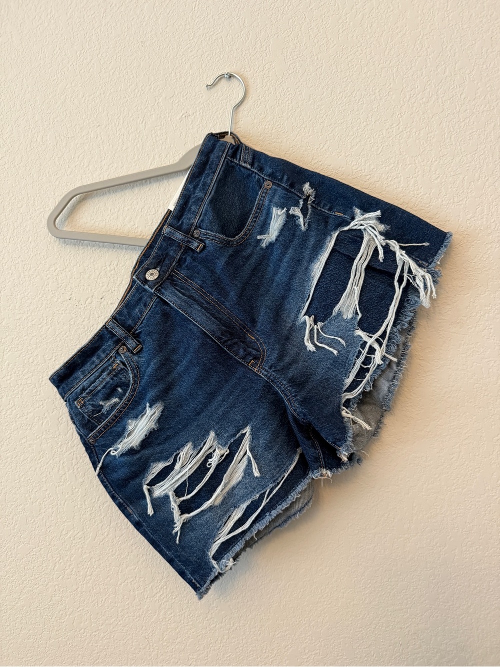 American Eagle Outfitters Dark Blue Distressed Denim Cutoff Mom Shorts